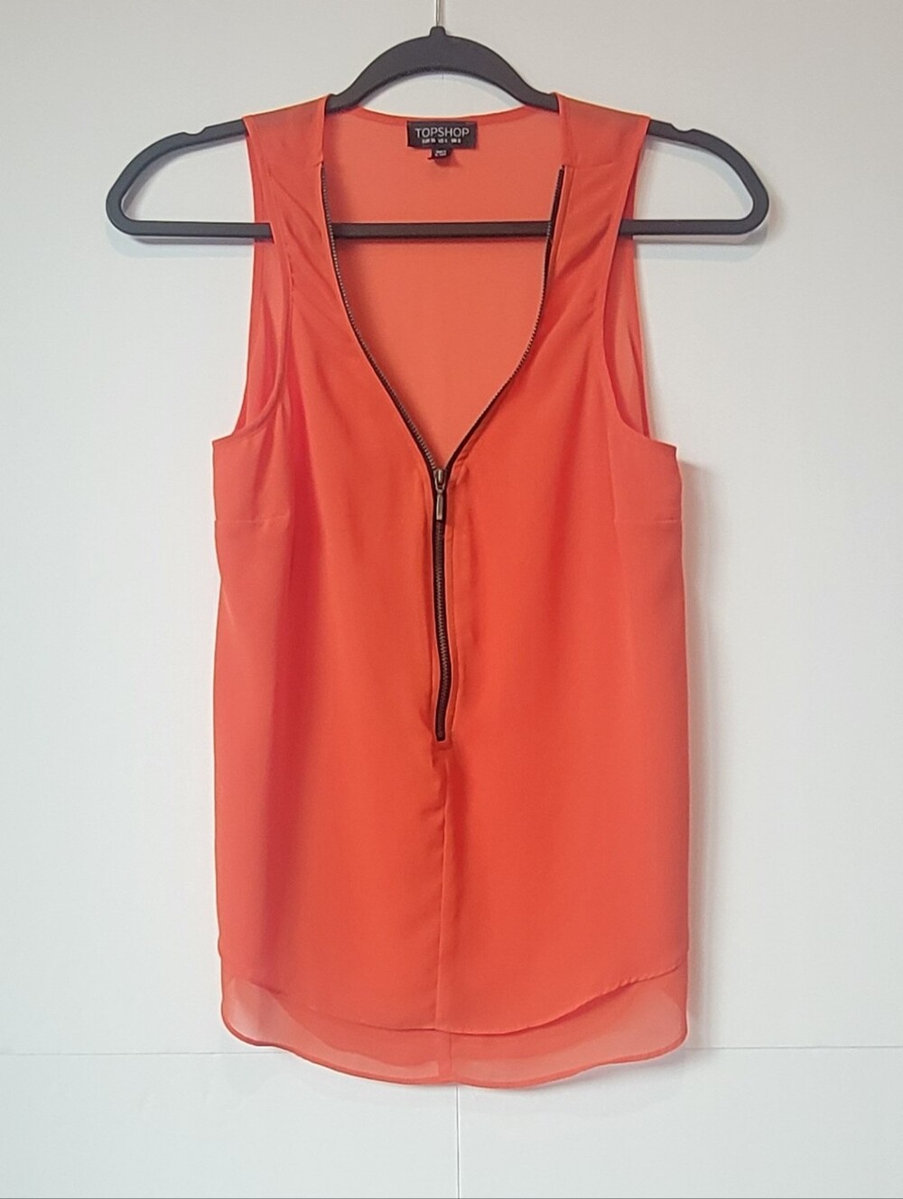 Topshop Orange Coral Sheer Zip Front Sleeveless Blouse Top Size US 4